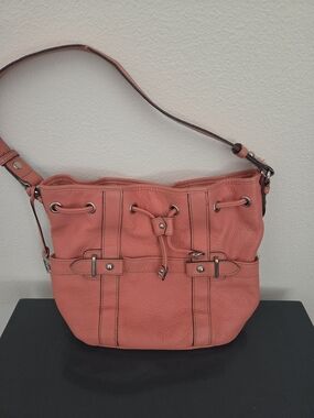 Tignanello Coral Pink Pebbled Leather Drawstring Bucket Shoulder Bag